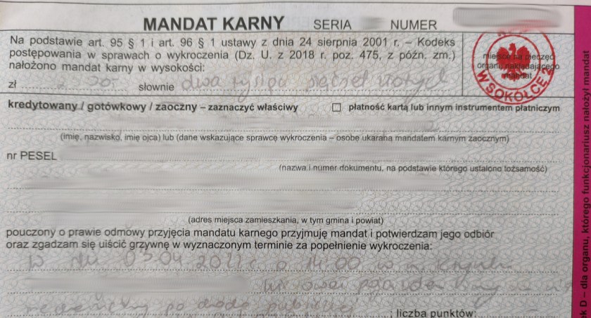 Pijany 47-latek dostał mandat w wysokości 2 500 zł fot.: Komenda Powiatowej Policji w Sokółce    