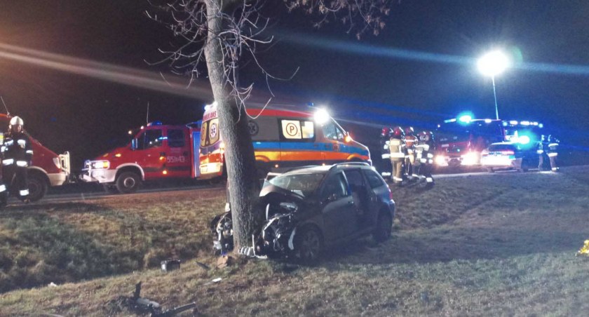 - Auto 29-latka z niewyjaśnionych przyczyn wypadło z drogi i uderzyło w drzewo. Fot.: arch. KPP w Wieluniu, fot. arch. KP PSP Wieluń