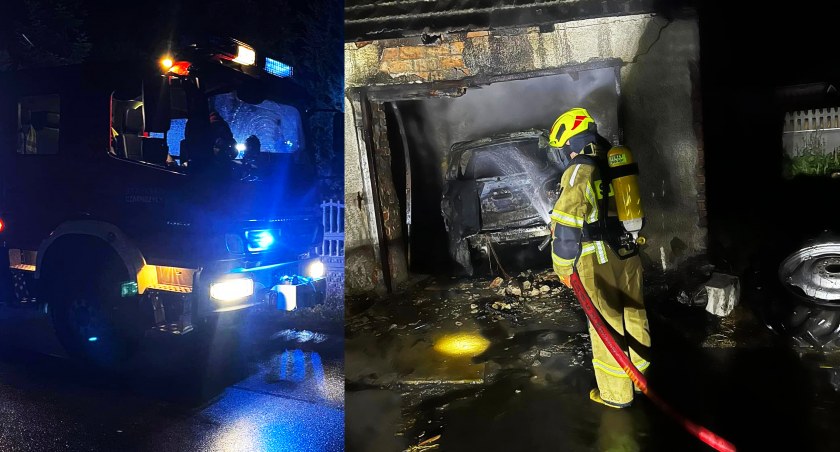 Zdjęcia z pożaru garażu i samochodu w Opojowicach