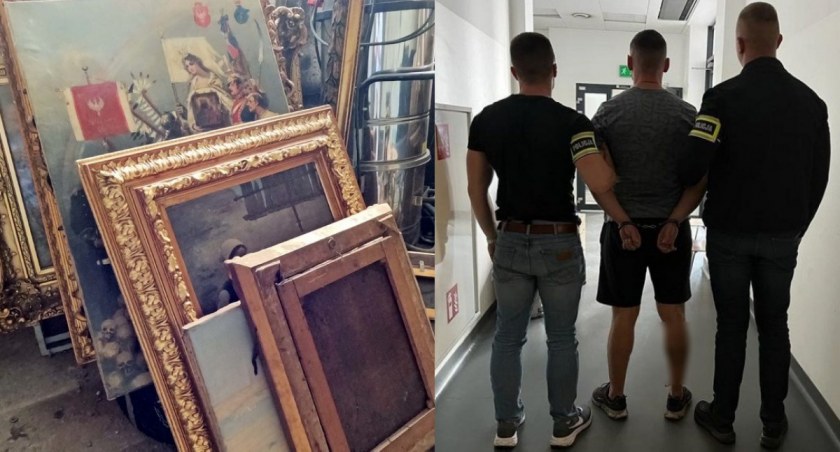 Na zdjęciu skradzione obrazy, a także zatrzymanie jego ze sprawców / Fot. KWP w Łodzi