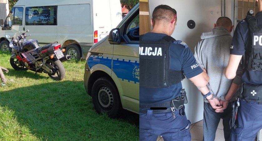 Na zdjęciu motocykl, którym poruszał się 32-latek, a także moment z jego zatrzymania przez policję / Fot. KPP Zduńska Wola