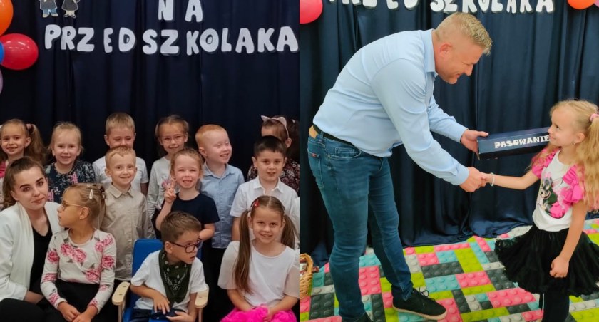 Na zdjęciu fragmenty pasowania na przedszkolaka w szkole w Strugach / Fot. Facebook / Publiczna Szkoła Podstawowa z Oddziałami Integracyjnymi SPSK w Strugach