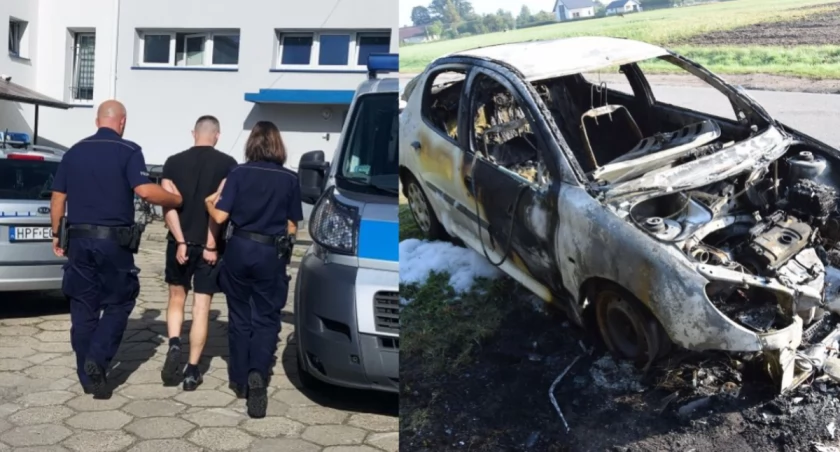 Na zdjęciu zatrzymanie 20-latka, a także skradziony pojazd, który spłonął w pożarze / Fot. KPP w Bełchatowie