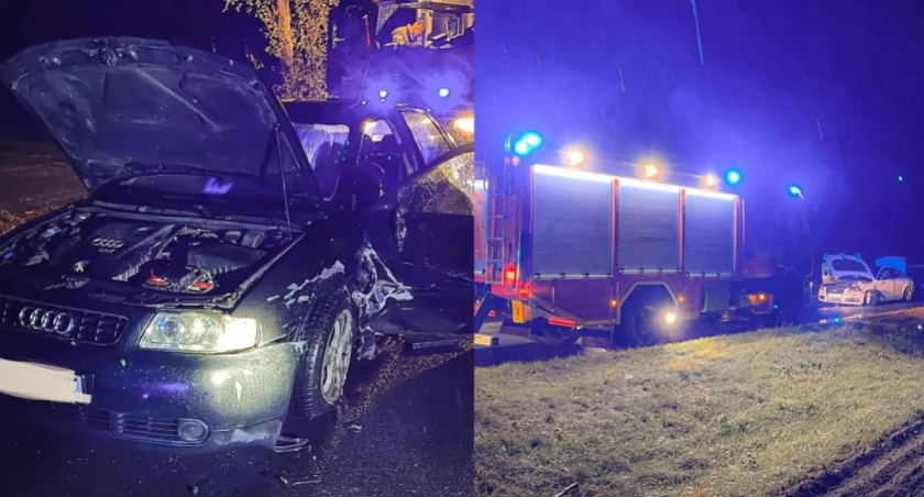 Na zdjęciu miejsce sobotniego wypadku i pojazdy, które w nim uczestniczyły / Fot. Facebook / Komenda Powiatowa Państwowej Straży Pożarnej w Ostrzeszowie