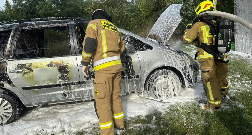 Zdjęcie strażaków podczas gaszenia pożaru samochodu/fot.: KP PSP w Pajęcznie/st. str. Arkadiusz Keller