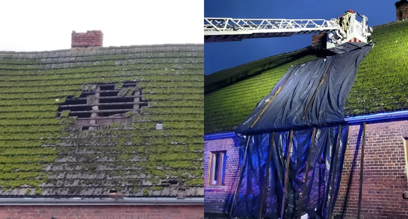 Na zdjęciu dach budynku - przed i po zabezpieczeniu przez strażaków / Fot. Facebook / OSP Wyszanów 