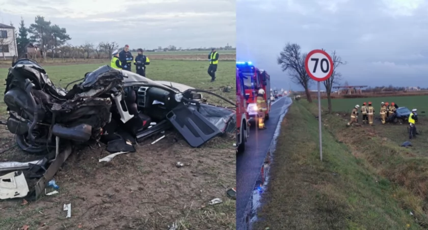 Na zdjęciu osobowy opel, który najpierw uderzył w drzewo, a później zatrzymał się na przydrożnym polu / Fot. X / GDDKiA Łódź 