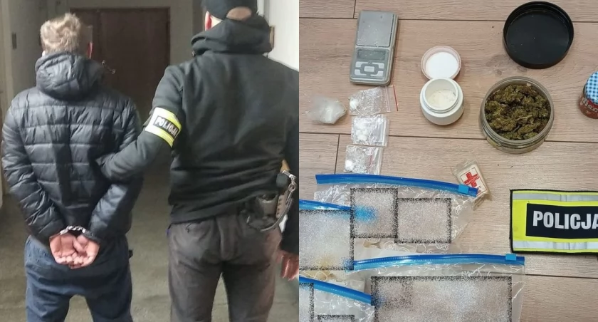 Na zdjęciu zatrzymany mężczyzna oraz substancje, który zabezpieczyła policja / Fot. KPP Sieradz