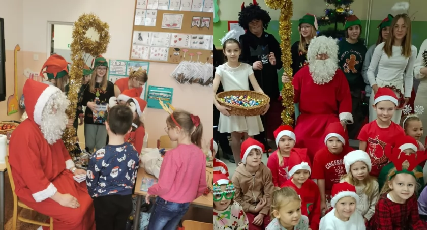 Na zdjęciu fragmenty wizyty Św. Mikołaja w szkole w Mokrsku / Fot. Facebook / Roztańczona Szkoła w Mokrsku 