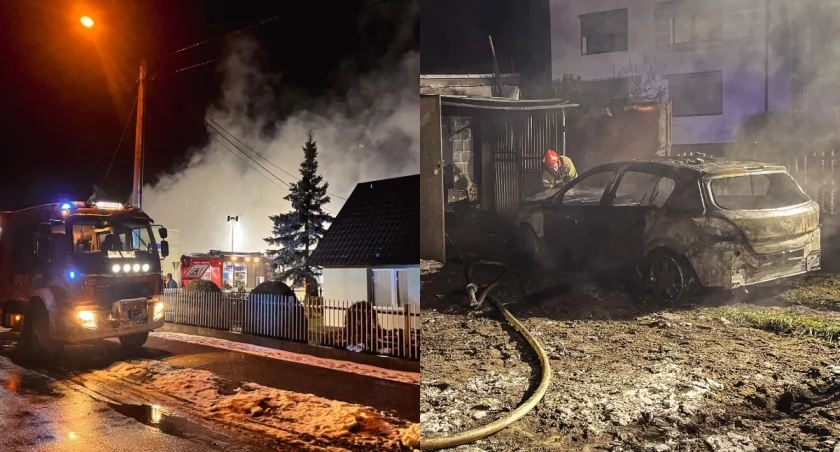 Na zdjęciu miejsce pożaru i auto, które było w środku płonącego garażu / Fot. Facebook / Komenda Powiatowa Państwowej Straży Pożarnej w Ostrzeszowie
