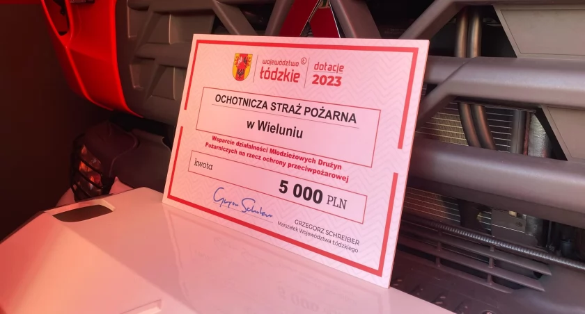 Na zdjęciu czek z dofinansowaniem dla OSP Wieluń / Fot. Facebook / OSP KSRG Wieluń