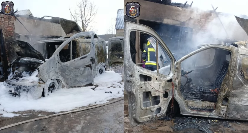 Na zdjęciu spalony bus / Fot. Facebook / Ochotnicza Straż Pożarna w Brąszewicach 