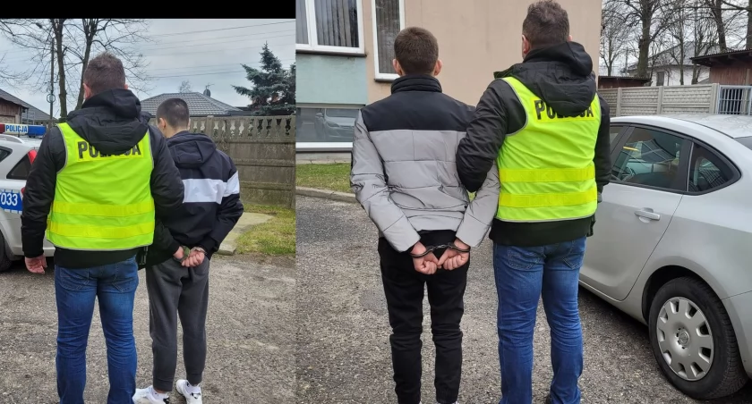 zdjęcie policjanta z zatrzymanymi w sprawie kradzieży w Białej/fot.: arch. KPP w Wieluniu