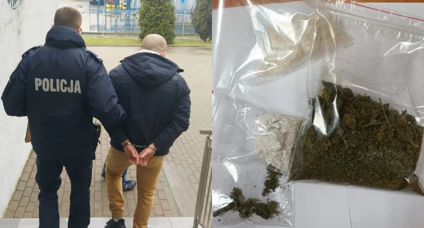 Na zdjęciu zatrzymanie jednego z mężczyzn oraz znalezione narkotyki / Fot. KPP Zduńska Wola