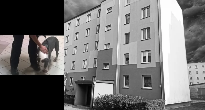 zdjęcie psa i bloku/fotografia poglądowa/fot.: arch. policja.pl/fot.: Magdalena Lizurej