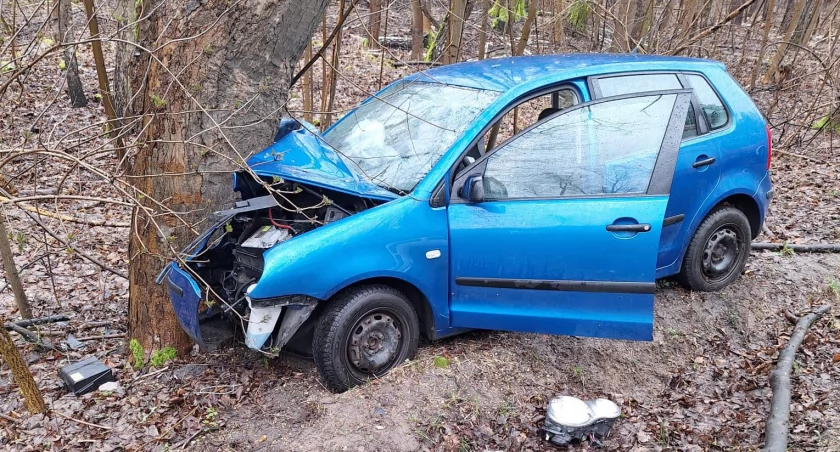 zdjęcie uszkodzonego samochodu, które uderzyło w drzewo/fot.: arch. KP PSP w Pajęcznie/mł. asp. Patryk Kluczny