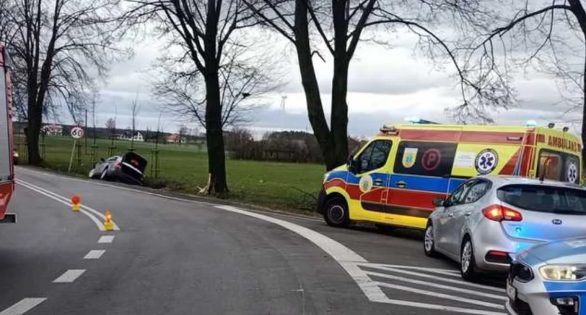 zdjęcie auta w rowie i służb/fot.: arch. KPP w Pajęcznie