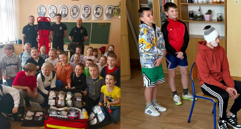 Na zdjęciu fragmenty wtorkowego szkolenia dla uczniów z Mokrska / Fot. Facebook / OSP KSRG Mokrsko