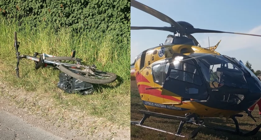 Na zdjęciu rower, którym poruszało się 12-letnie dziecko oraz helikopter, który przetransportował je do szpitala / Fot. Facebook / OSP Warta 