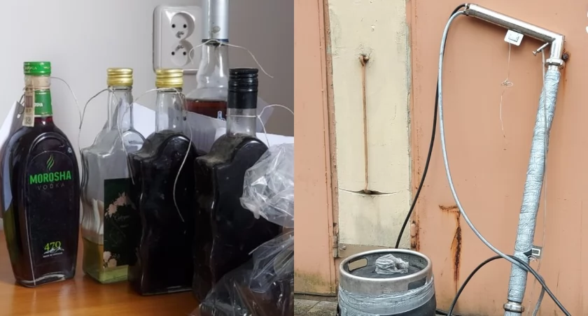 Na zdjęciu wyprodukowany alkohol oraz sprzęt do jego produkcji / Fot. KPP Pajęczno