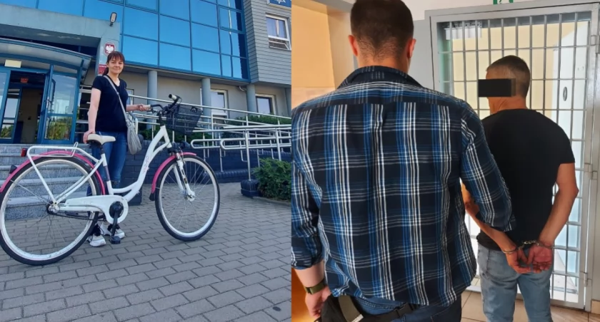 Na zdjęciu kobieta z odzyskanym rowerem oraz zatrzymany 46-latek / Fot. KPP Zduńska Wola