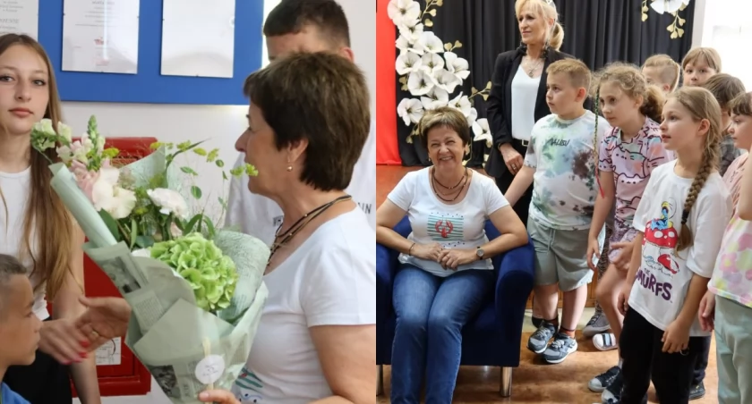 Na zdjęciu fragmenty oficjalnego pożegnania pani Mirosławy Graczyk / Fot. Facebook / Szkoła Podstawowa im. Komisji Edukacji Narodowej w Kurowie 