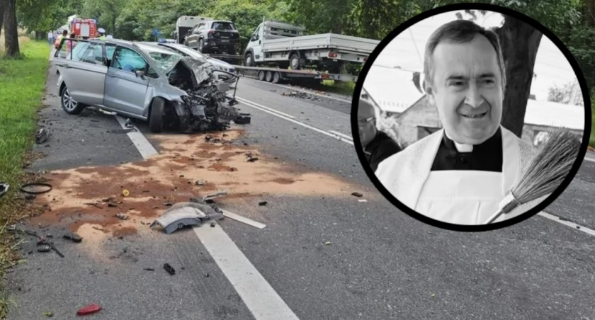 Zdjęcia z wypadku w Opatowie - zginął ksiądz / fot.: śląska policja (portret księdza - fot.: Sławomir Rajch)