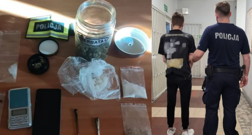 Na zdjęciu zatrzymany oraz narkotyki jakie znaleźli u niego policjanci / fot.: KPP Wieluń