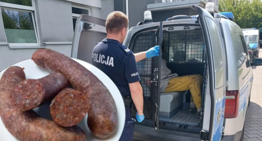 Na zdjęciu moment zatrzymania mężczyzny, który groził kobiecie nożem, bo... kaszanka mu nie smakowała / Fot. KPP Radomsko