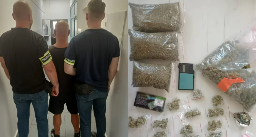 Na zdjęciu zatrzymany 41-latek oraz znalezione przez policjantów narkotyki / Fot. KPP Bełchatów