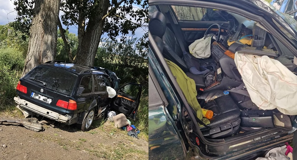 Na zdjęciu bmw, które rozbiło się na drzewie / Fot. Facebook / OSP Słupia pod Kępnem
