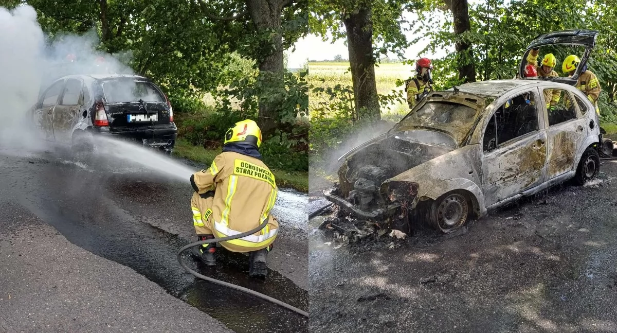 Na zdjęciu auto, w którym doszło do pożaru / Fot. Facebook / OSP KSRG Chorzew