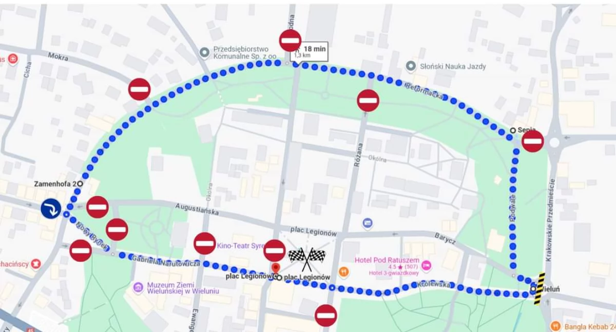 Na zdjęciu rozkład zamkniętych ulic w centrum miasta w związku z niedzielnym 54 kryterium kolarskim/fot.facebook/wielunpl