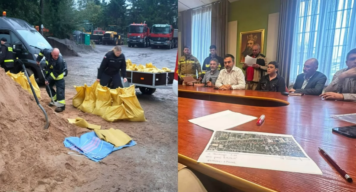 Na zdjęciu fragmenty spotkania oraz przygotowań do obfitych opadów deszczu / Fot. Facebook / Wieluń