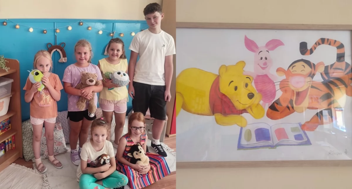 Na zdjęciu autor prac oraz przykładowy obraz przygotowany przez Kacpra / Fot. Facebook / Szkoła Podstawowa im. Marii Konopnickiej w Masłowicach