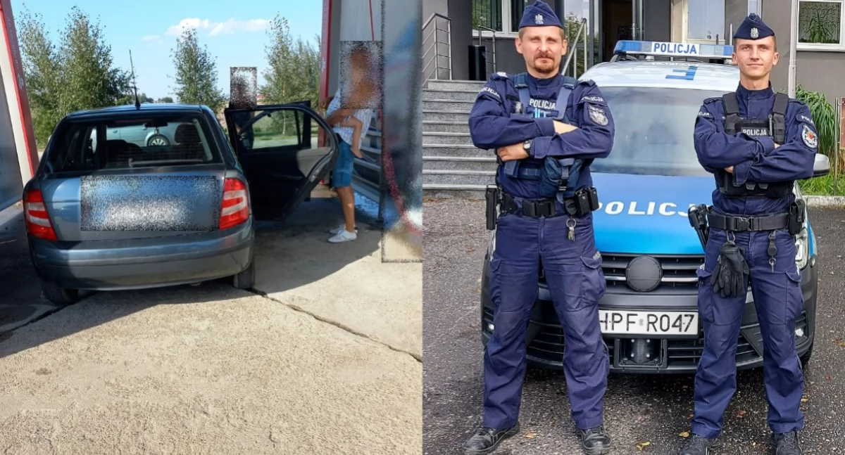 Na zdjęciu pojazd, w którym zamknięte było dziecko oraz policjanci, którzy udzielili pomocy / Fot. KPP Sieradz