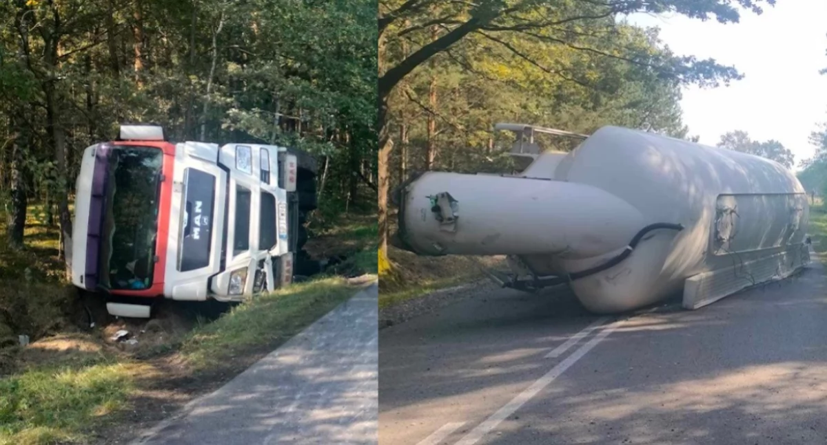 Na zdjęciu miejsce, w którym ciężarówka z naczepą przewróciła się na drodze Siemkowice - Mazaniec / Fot. Facebook / Powiat pajęczański 