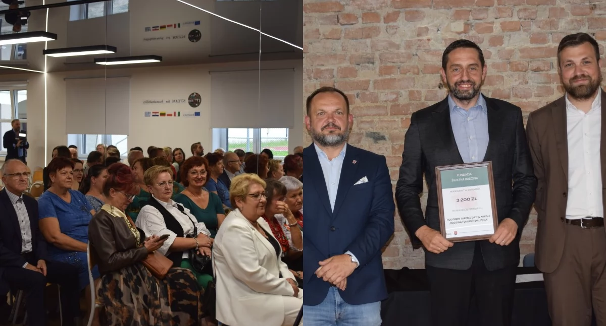 Na zdjęciu fragmenty uroczystości, podczas której nagrodzeni odebrali czeki z dofinansowaniem / Fot. Facebook / Starostwo Powiatowe w Wieluniu 