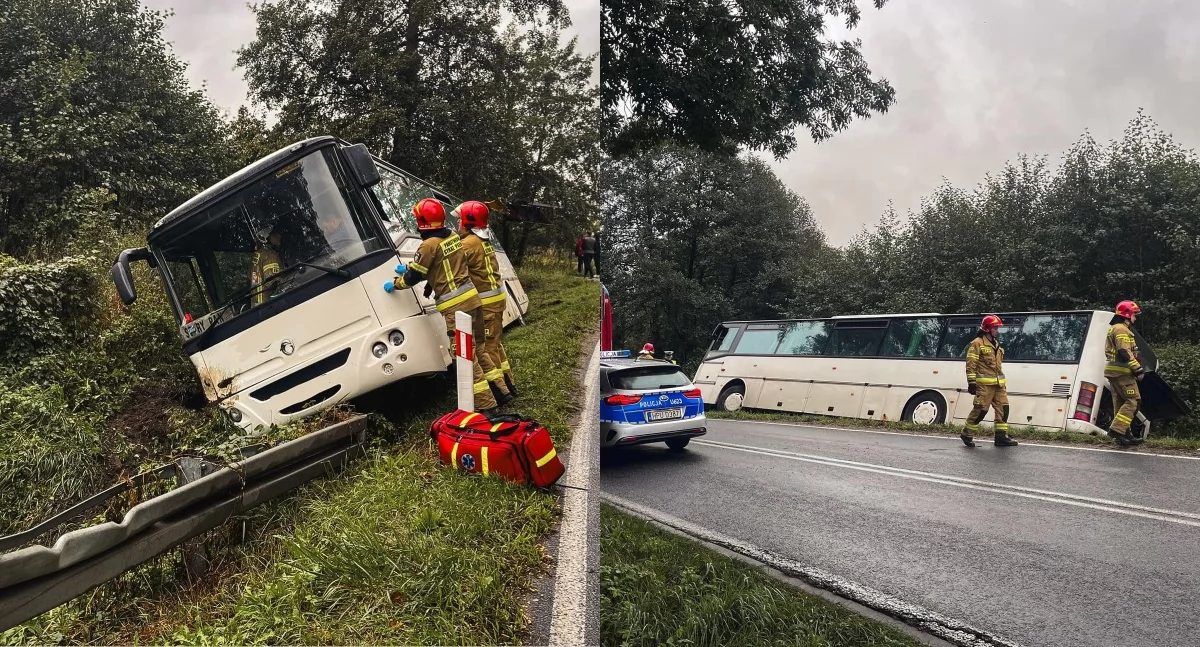 Na zdjęciu autobus, który wpadł do rowu / Fot. Facebook / Komenda Powiatowa Państwowej Straży Pożarnej w Ostrzeszowie