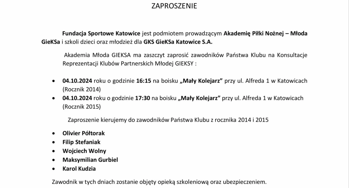 Na zdjęciu dokument potwierdzający zaproszenie na konsultacje dla młodych piłkarzy WKS-u Wieluń Sekcji Piłki Nożnej/fot.WKS