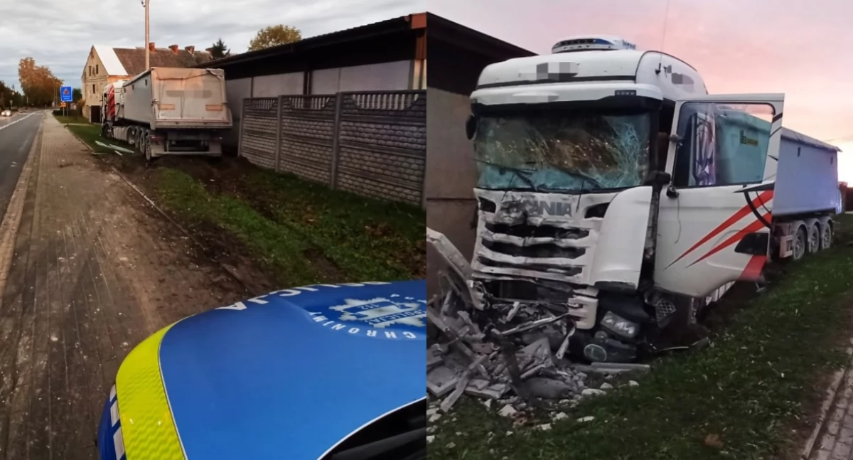 Na zdjęciu ciężarówka, która uderzyła w ogrodzenie posesji / Fot. KPP Radomsko 