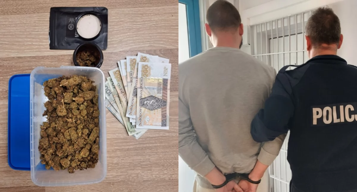 Na zdjęciu zabezpieczony towar oraz pieniądze, a także moment zatrzymania mężczyzny / Fot. KPP Bełchatów