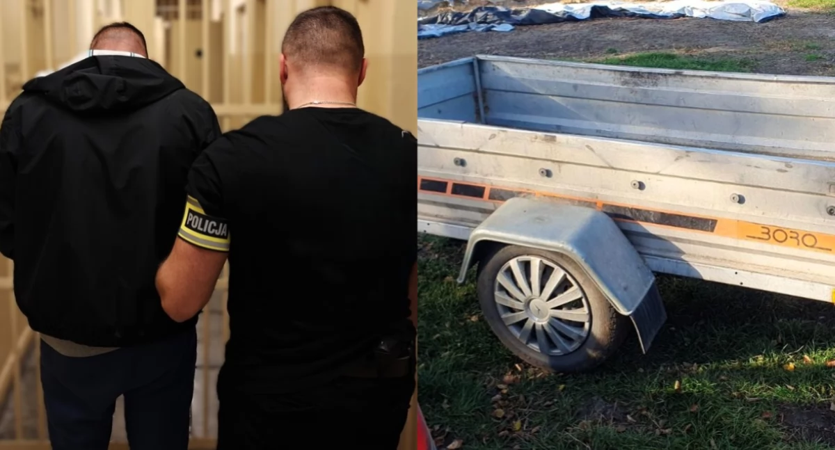 Na zdjęciu moment zatrzymania mężczyzny, a także przyczepka, którą ukradł z prywatnej posesji / Fot. KPP Łask
