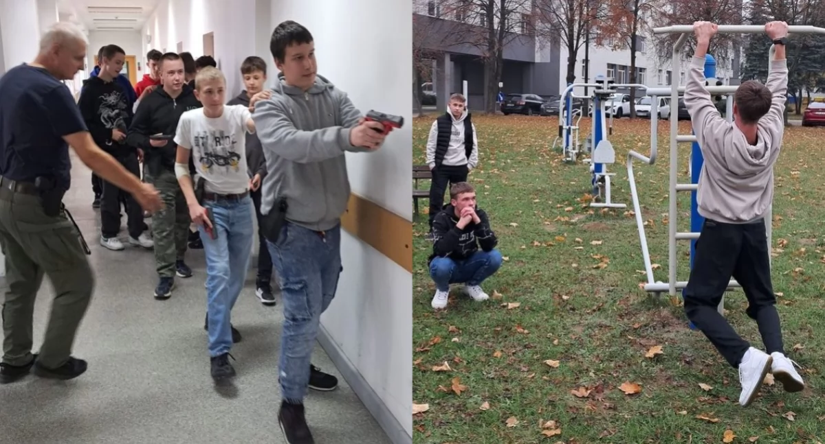 Na zdjęciu fragmenty wizyty uczniów z Wielunia w ośrodku szkolenia policjantów w SIeradzu / Fot. KPP Sieradz