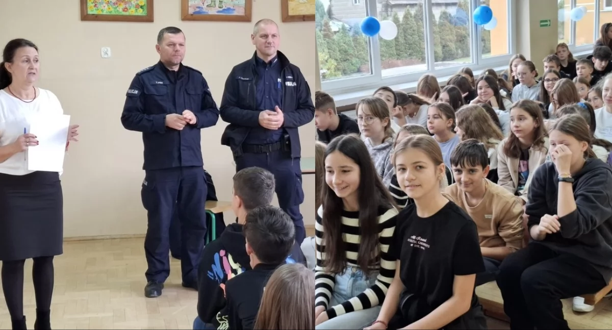 Na zdjęciu fragmenty spotkania w szkole w Pajęcznie / Fot. KPP Pajęczno 