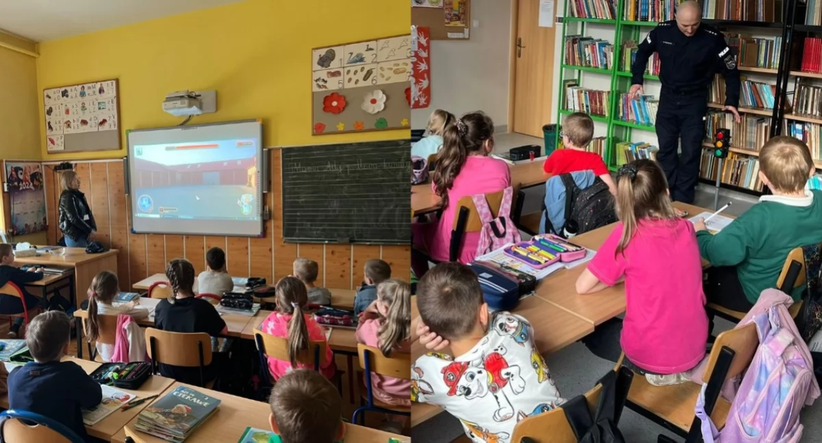 Na zdjęciu fragmenty spotkań uczniów z policjantem / Fot. KPP Wieruszów