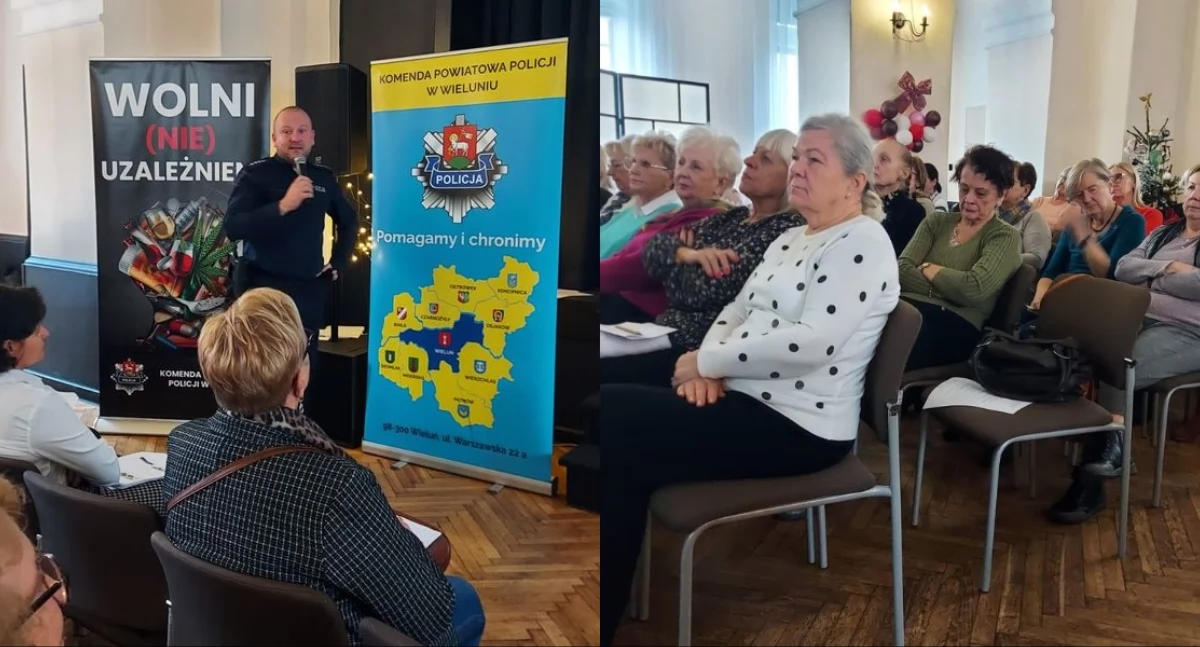 Na zdjęciu fragmenty spotkania ze słuchaczami Uniwersytetu Trzeciego Wieku / Fot. KPP Wieluń