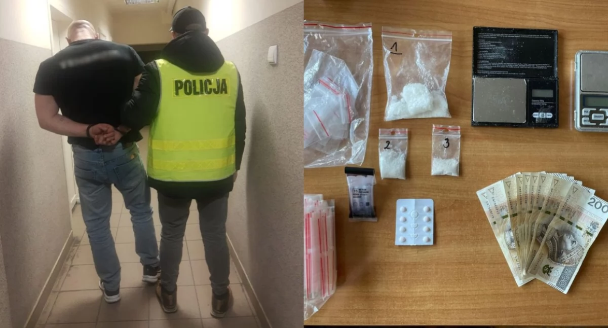 Na zdjęciu jeden z zatrzymanych, a także znalezione przez policjantów przedmioty / Fot. KPP Wieluń