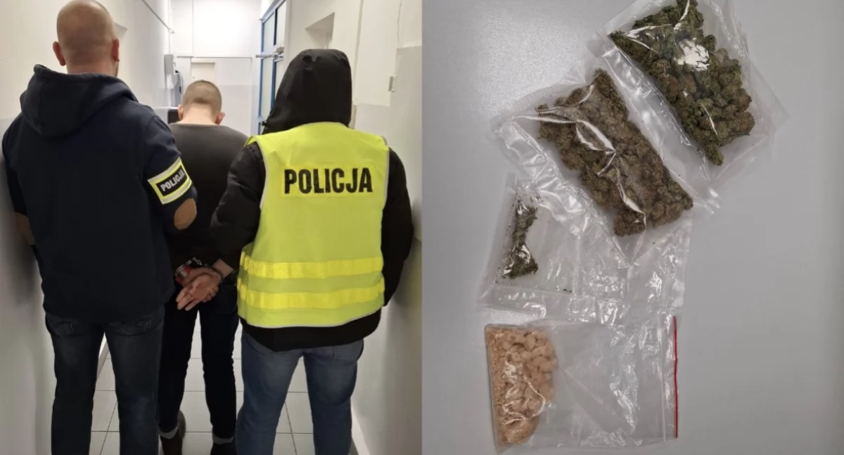 Na zdjęciu moment zatrzymania jednego z mężczyzn, a także znaleziony przy nim towar / Fot. KPP Bełchatów
