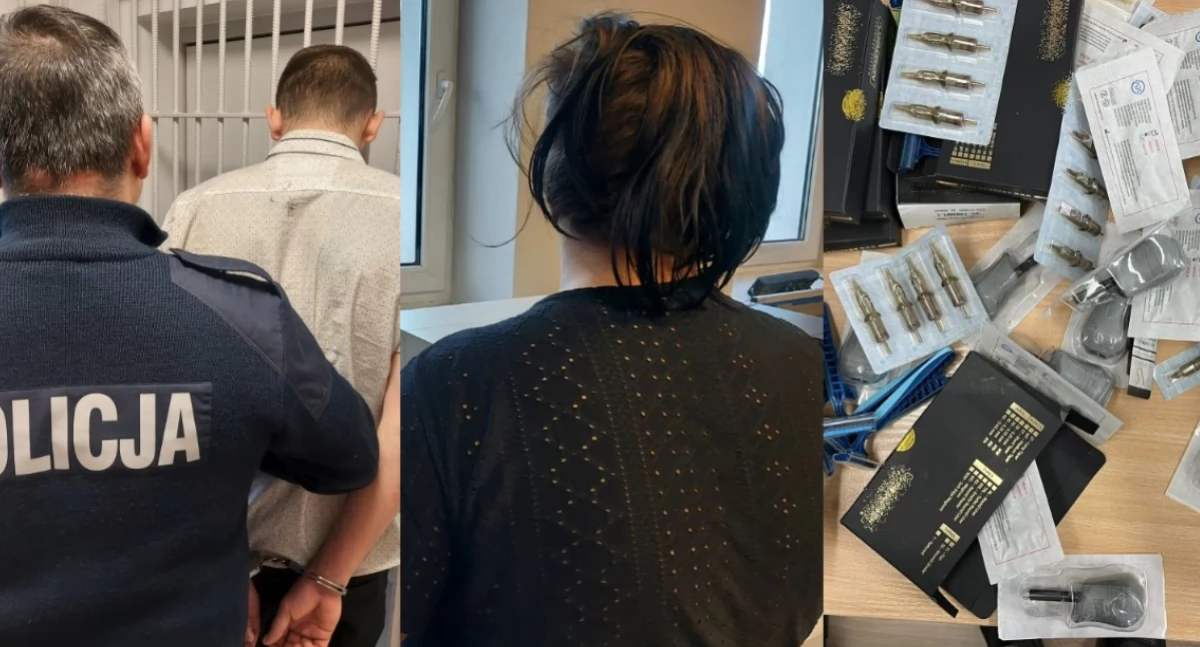 Na zdjęciu zatrzymana para oraz skradziony przez nich towar / Fot. KPP Bełchatów